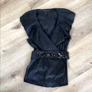 BCBG sleeveless taffeta blouse with belt